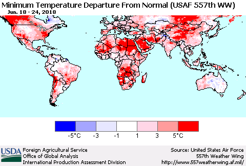 World Mean Minimum Temperature Departure from Normal (USAF 557th WW) Thematic Map For 6/18/2018 - 6/24/2018