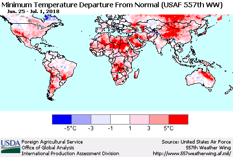 World Mean Minimum Temperature Departure from Normal (USAF 557th WW) Thematic Map For 6/25/2018 - 7/1/2018