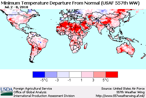 World Mean Minimum Temperature Departure from Normal (USAF 557th WW) Thematic Map For 7/2/2018 - 7/8/2018