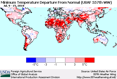 World Mean Minimum Temperature Departure from Normal (USAF 557th WW) Thematic Map For 7/9/2018 - 7/15/2018