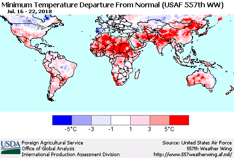 World Mean Minimum Temperature Departure from Normal (USAF 557th WW) Thematic Map For 7/16/2018 - 7/22/2018