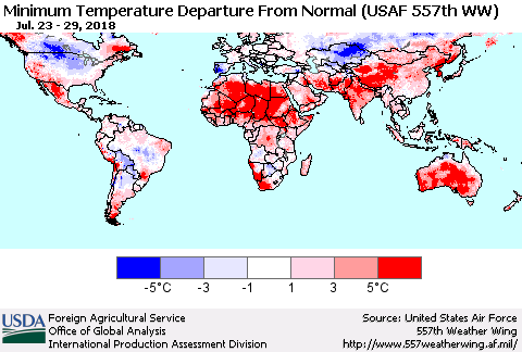 World Mean Minimum Temperature Departure from Normal (USAF 557th WW) Thematic Map For 7/23/2018 - 7/29/2018
