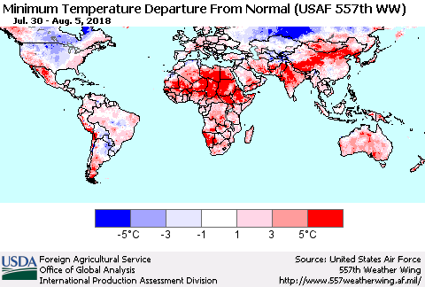 World Mean Minimum Temperature Departure from Normal (USAF 557th WW) Thematic Map For 7/30/2018 - 8/5/2018