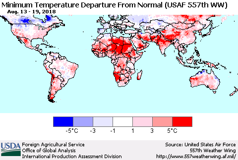 World Mean Minimum Temperature Departure from Normal (USAF 557th WW) Thematic Map For 8/13/2018 - 8/19/2018