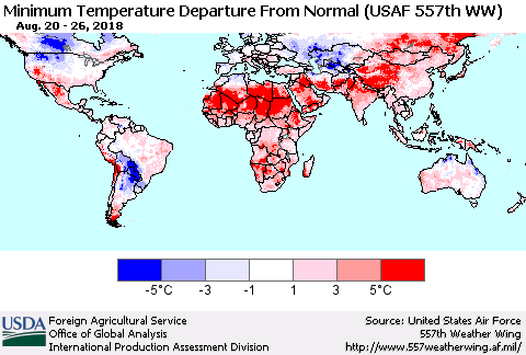 World Mean Minimum Temperature Departure from Normal (USAF 557th WW) Thematic Map For 8/20/2018 - 8/26/2018