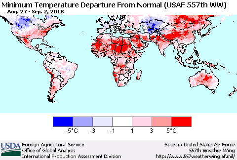 World Mean Minimum Temperature Departure from Normal (USAF 557th WW) Thematic Map For 8/27/2018 - 9/2/2018