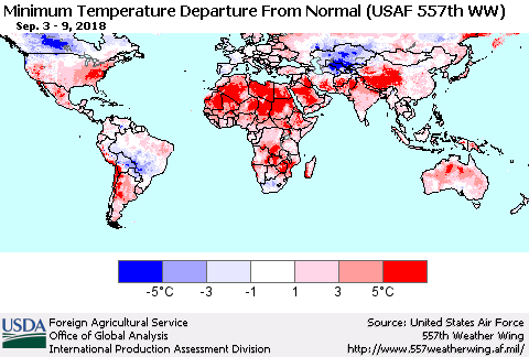 World Mean Minimum Temperature Departure from Normal (USAF 557th WW) Thematic Map For 9/3/2018 - 9/9/2018