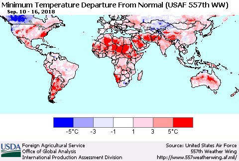 World Mean Minimum Temperature Departure from Normal (USAF 557th WW) Thematic Map For 9/10/2018 - 9/16/2018