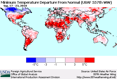World Mean Minimum Temperature Departure from Normal (USAF 557th WW) Thematic Map For 9/17/2018 - 9/23/2018