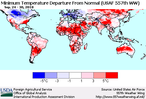 World Mean Minimum Temperature Departure from Normal (USAF 557th WW) Thematic Map For 9/24/2018 - 9/30/2018