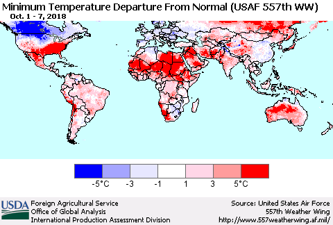 World Mean Minimum Temperature Departure from Normal (USAF 557th WW) Thematic Map For 10/1/2018 - 10/7/2018