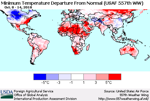 World Mean Minimum Temperature Departure from Normal (USAF 557th WW) Thematic Map For 10/8/2018 - 10/14/2018