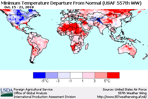 World Mean Minimum Temperature Departure from Normal (USAF 557th WW) Thematic Map For 10/15/2018 - 10/21/2018