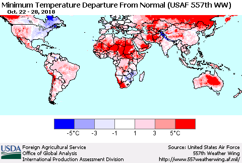World Mean Minimum Temperature Departure from Normal (USAF 557th WW) Thematic Map For 10/22/2018 - 10/28/2018
