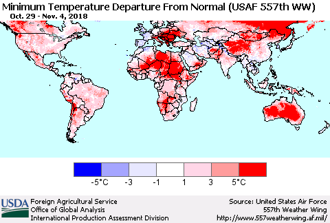 World Mean Minimum Temperature Departure from Normal (USAF 557th WW) Thematic Map For 10/29/2018 - 11/4/2018