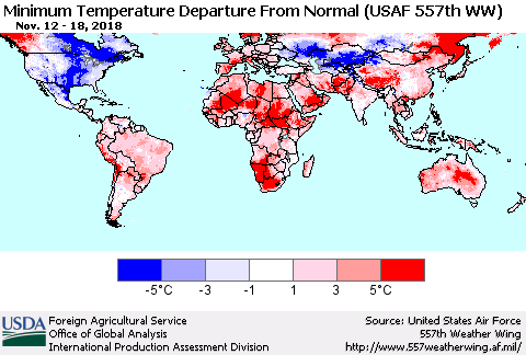 World Mean Minimum Temperature Departure from Normal (USAF 557th WW) Thematic Map For 11/12/2018 - 11/18/2018