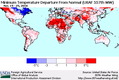 World Mean Minimum Temperature Departure from Normal (USAF 557th WW) Thematic Map For 11/19/2018 - 11/25/2018