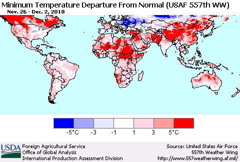 World Mean Minimum Temperature Departure from Normal (USAF 557th WW) Thematic Map For 11/26/2018 - 12/2/2018