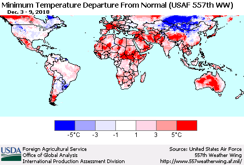 World Mean Minimum Temperature Departure from Normal (USAF 557th WW) Thematic Map For 12/3/2018 - 12/9/2018