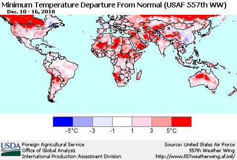World Mean Minimum Temperature Departure from Normal (USAF 557th WW) Thematic Map For 12/10/2018 - 12/16/2018