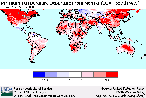 World Mean Minimum Temperature Departure from Normal (USAF 557th WW) Thematic Map For 12/17/2018 - 12/23/2018