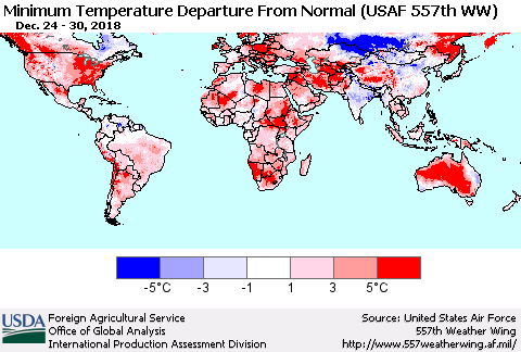 World Mean Minimum Temperature Departure from Normal (USAF 557th WW) Thematic Map For 12/24/2018 - 12/30/2018