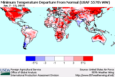World Mean Minimum Temperature Departure from Normal (USAF 557th WW) Thematic Map For 1/7/2019 - 1/13/2019