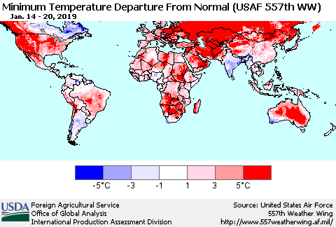 World Mean Minimum Temperature Departure from Normal (USAF 557th WW) Thematic Map For 1/14/2019 - 1/20/2019