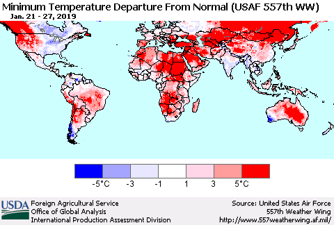World Mean Minimum Temperature Departure from Normal (USAF 557th WW) Thematic Map For 1/21/2019 - 1/27/2019