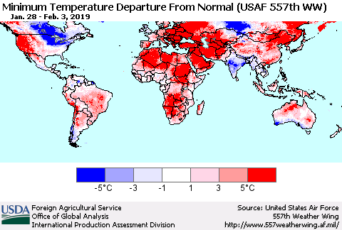 World Mean Minimum Temperature Departure from Normal (USAF 557th WW) Thematic Map For 1/28/2019 - 2/3/2019