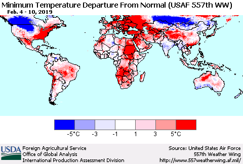 World Mean Minimum Temperature Departure from Normal (USAF 557th WW) Thematic Map For 2/4/2019 - 2/10/2019