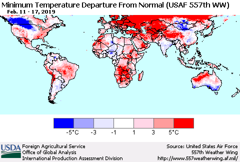 World Mean Minimum Temperature Departure from Normal (USAF 557th WW) Thematic Map For 2/11/2019 - 2/17/2019