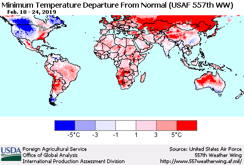 World Mean Minimum Temperature Departure from Normal (USAF 557th WW) Thematic Map For 2/18/2019 - 2/24/2019