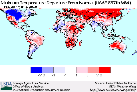 World Mean Minimum Temperature Departure from Normal (USAF 557th WW) Thematic Map For 2/25/2019 - 3/3/2019