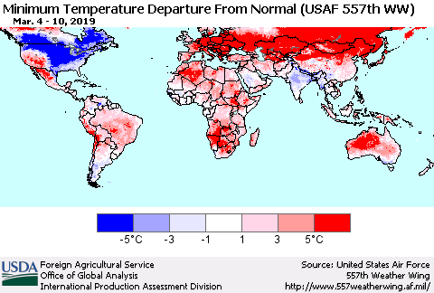 World Mean Minimum Temperature Departure from Normal (USAF 557th WW) Thematic Map For 3/4/2019 - 3/10/2019