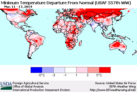 World Mean Minimum Temperature Departure from Normal (USAF 557th WW) Thematic Map For 3/11/2019 - 3/17/2019
