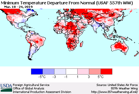 World Mean Minimum Temperature Departure from Normal (USAF 557th WW) Thematic Map For 3/18/2019 - 3/24/2019