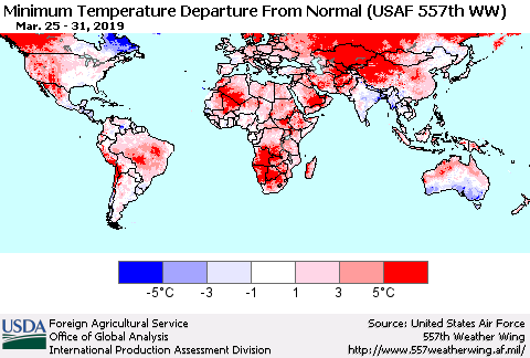 World Mean Minimum Temperature Departure from Normal (USAF 557th WW) Thematic Map For 3/25/2019 - 3/31/2019