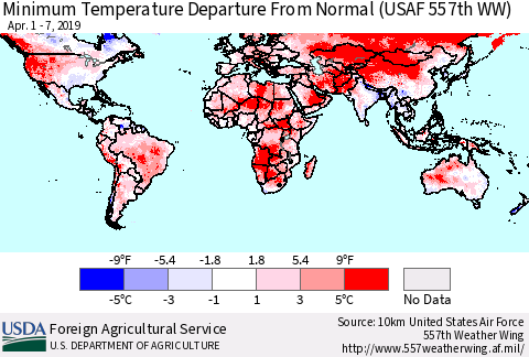 World Mean Minimum Temperature Departure from Normal (USAF 557th WW) Thematic Map For 4/1/2019 - 4/7/2019