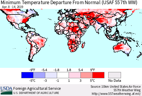 World Mean Minimum Temperature Departure from Normal (USAF 557th WW) Thematic Map For 4/8/2019 - 4/14/2019