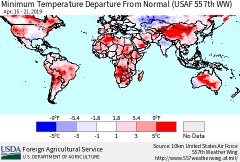 World Mean Minimum Temperature Departure from Normal (USAF 557th WW) Thematic Map For 4/15/2019 - 4/21/2019