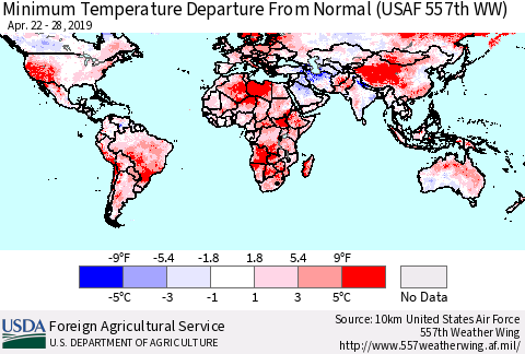 World Mean Minimum Temperature Departure from Normal (USAF 557th WW) Thematic Map For 4/22/2019 - 4/28/2019
