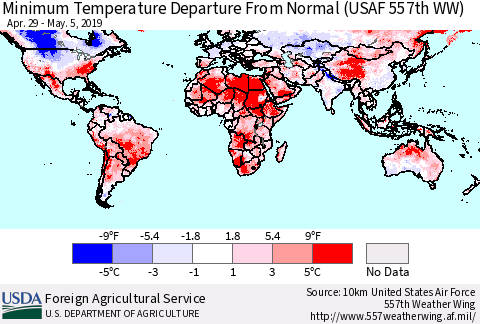 World Mean Minimum Temperature Departure from Normal (USAF 557th WW) Thematic Map For 4/29/2019 - 5/5/2019