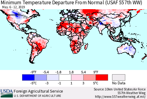 World Mean Minimum Temperature Departure from Normal (USAF 557th WW) Thematic Map For 5/6/2019 - 5/12/2019