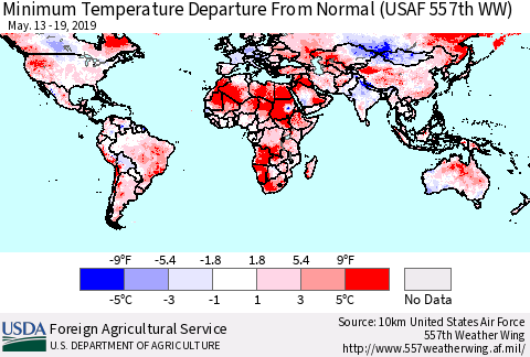 World Mean Minimum Temperature Departure from Normal (USAF 557th WW) Thematic Map For 5/13/2019 - 5/19/2019