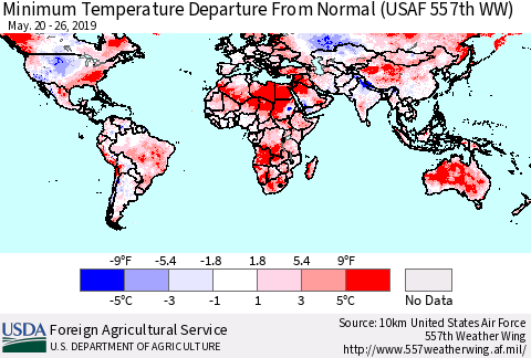 World Mean Minimum Temperature Departure from Normal (USAF 557th WW) Thematic Map For 5/20/2019 - 5/26/2019
