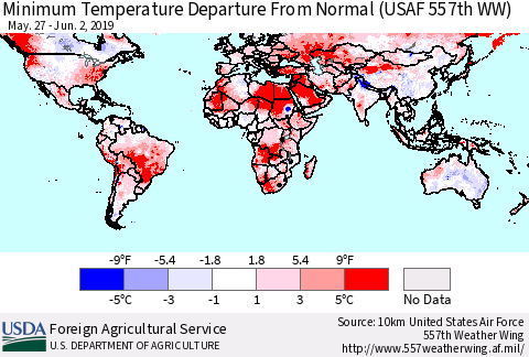 World Mean Minimum Temperature Departure from Normal (USAF 557th WW) Thematic Map For 5/27/2019 - 6/2/2019