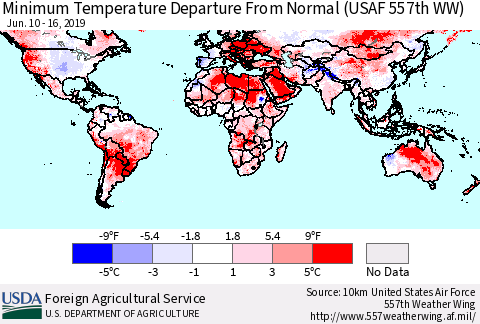World Mean Minimum Temperature Departure from Normal (USAF 557th WW) Thematic Map For 6/10/2019 - 6/16/2019