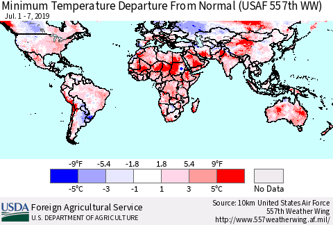 World Mean Minimum Temperature Departure from Normal (USAF 557th WW) Thematic Map For 7/1/2019 - 7/7/2019