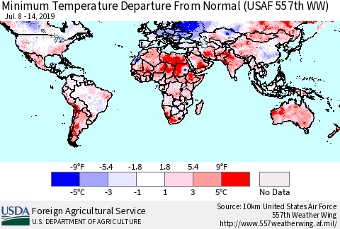 World Mean Minimum Temperature Departure from Normal (USAF 557th WW) Thematic Map For 7/8/2019 - 7/14/2019